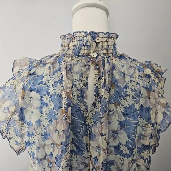 MELLODAY blue BLOUSE top FLORAL lined SMOCKED ruffles BLOUSE - Picture 8 of 12
